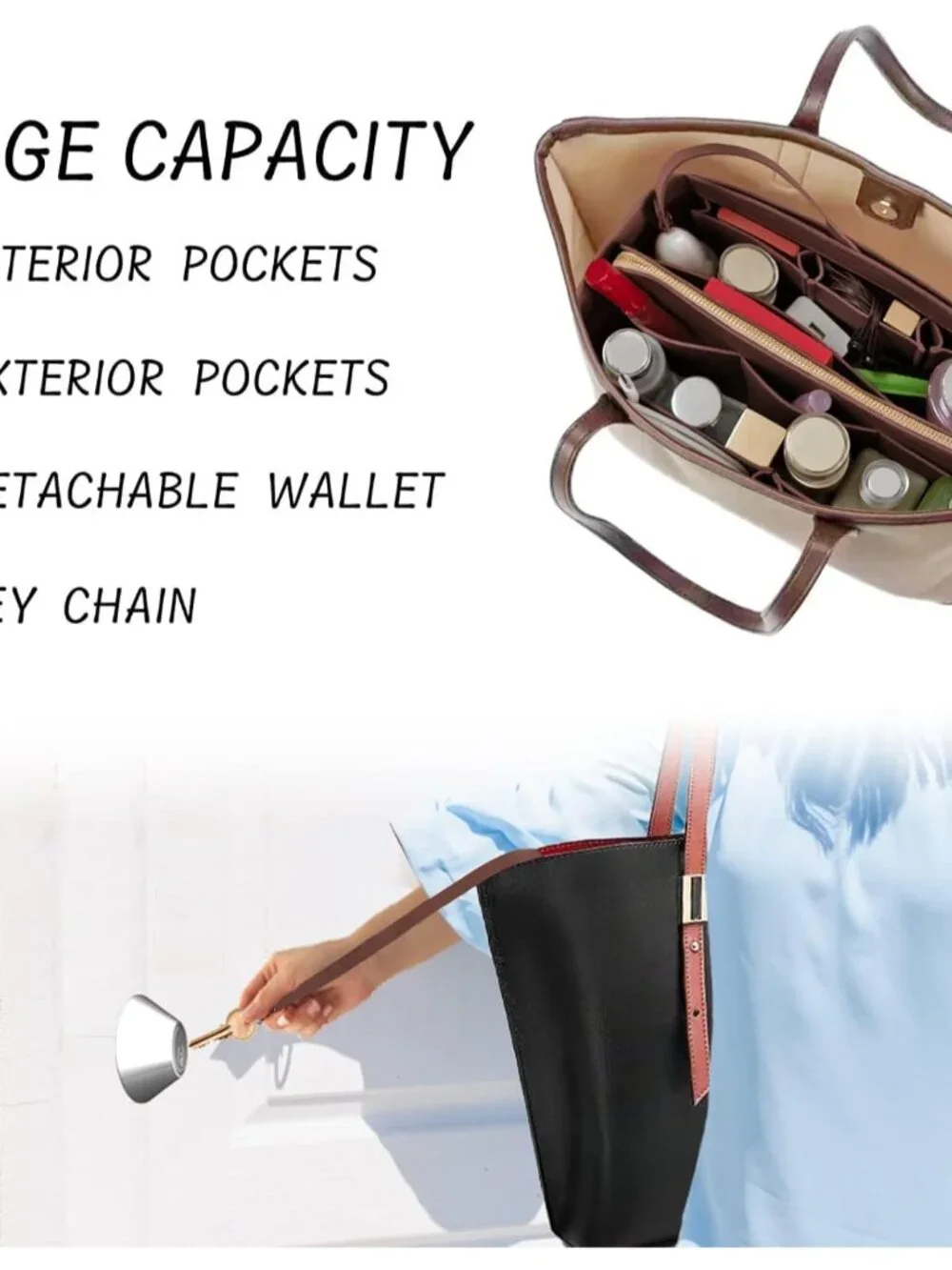 Felt Bag Organizer Insert with Zipper and Key Chain for Tote Purse - Brown Small - Picture 5 of 7